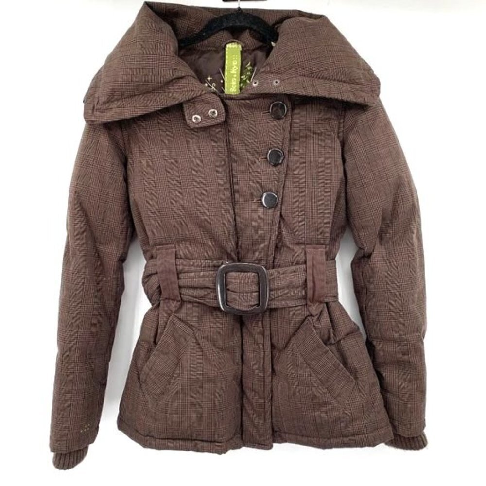 SOIA & KYO Down Puffer Coat Belted Jacket Brown Plaid M Women Winter Warm Collar